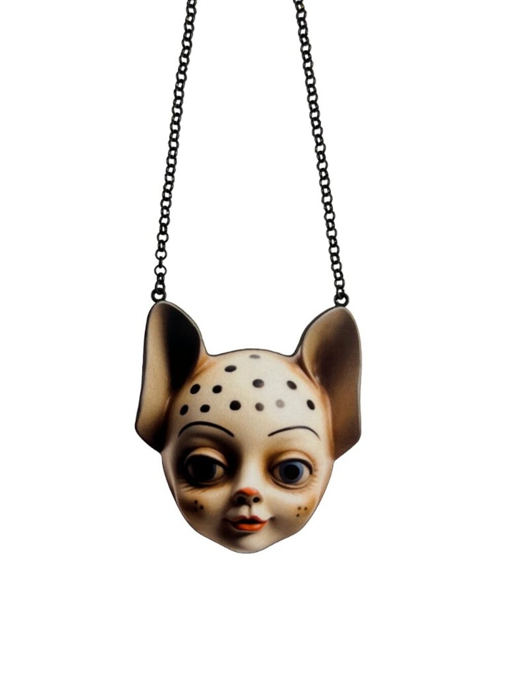 Surreal Alien Cat Doll Face Large Statement Necklace — Black Rolo Chain